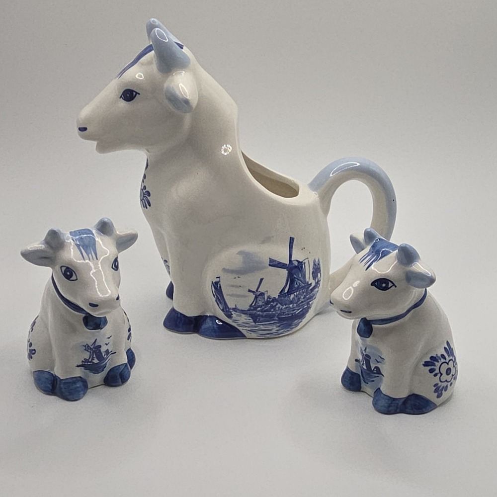 Delft Blue Porcelain Cow Creamer and Salt & Pepper Shakers Set